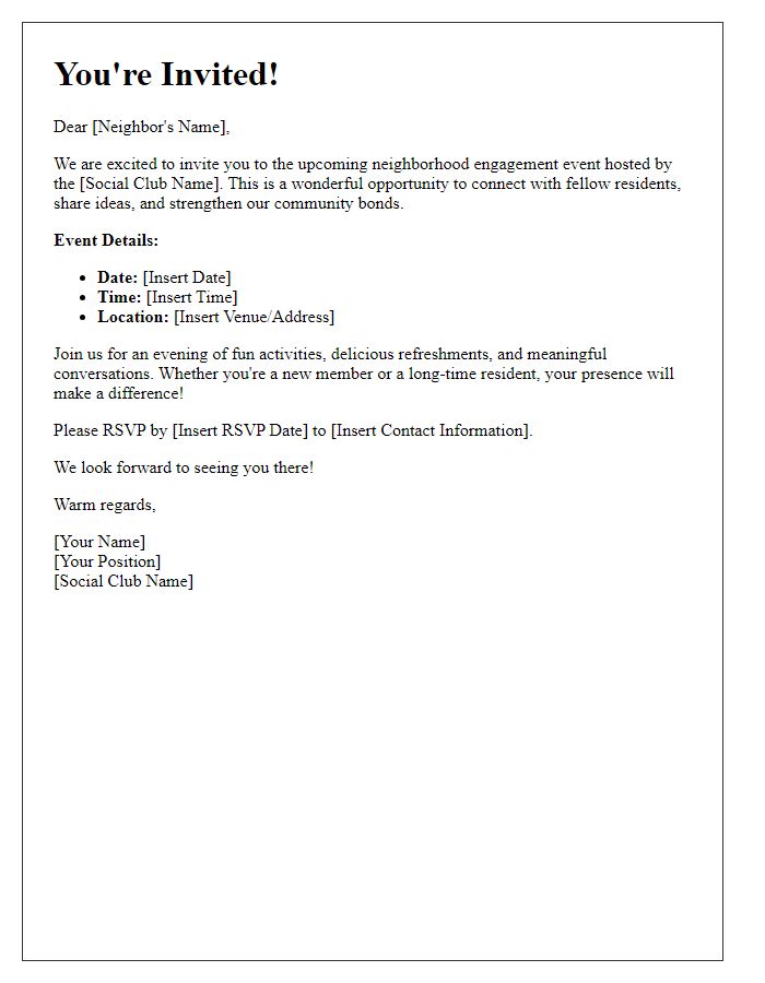 Letter template of social club neighborhood engagement invitation