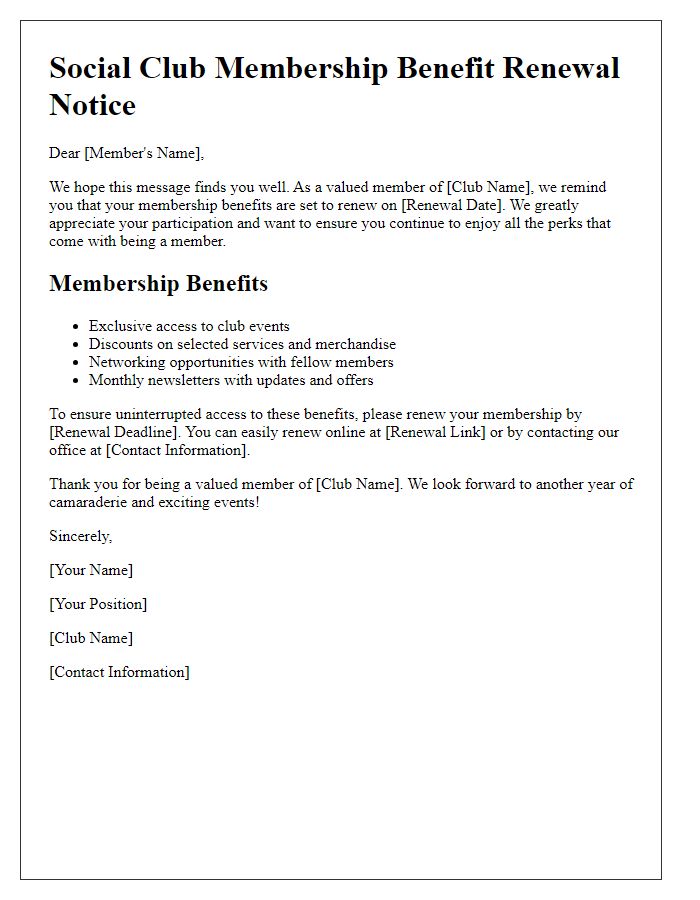 Letter template of social club membership benefit renewal notice