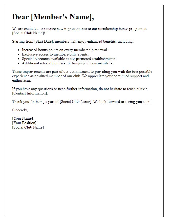 Letter template of social club membership bonus improvements