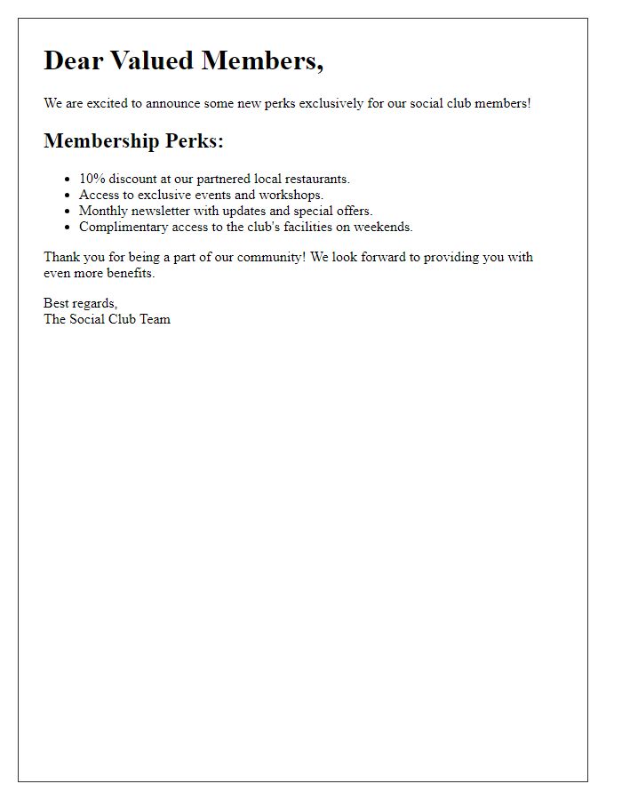 Letter template of social club membership perks announcement