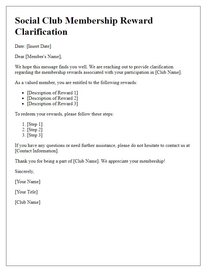 Letter template of social club membership reward clarification