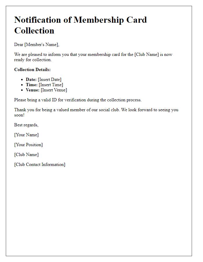 Letter template of notification for social club membership card collection