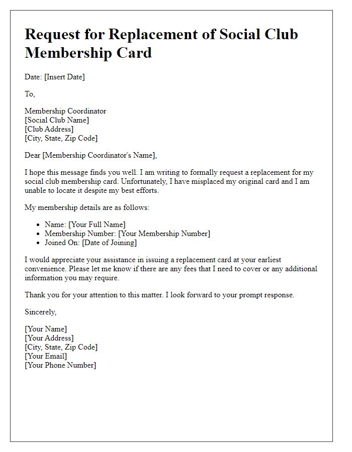 Letter template of request for replacement social club membership card