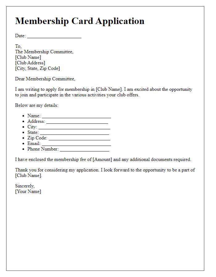 Letter template of social club membership card application