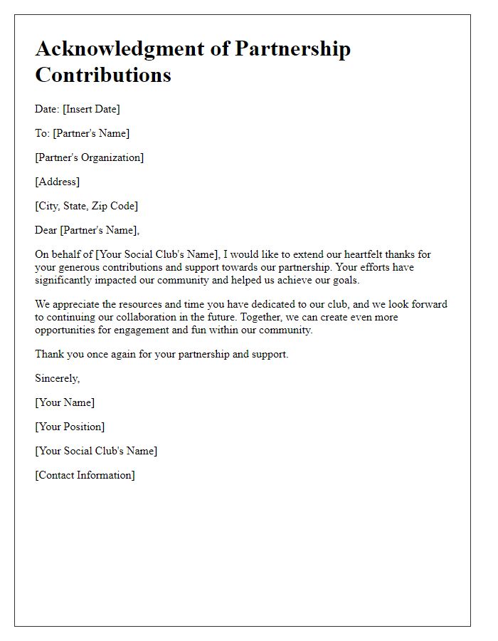 Letter template of Acknowledgment for Social Club Partnership Contributions