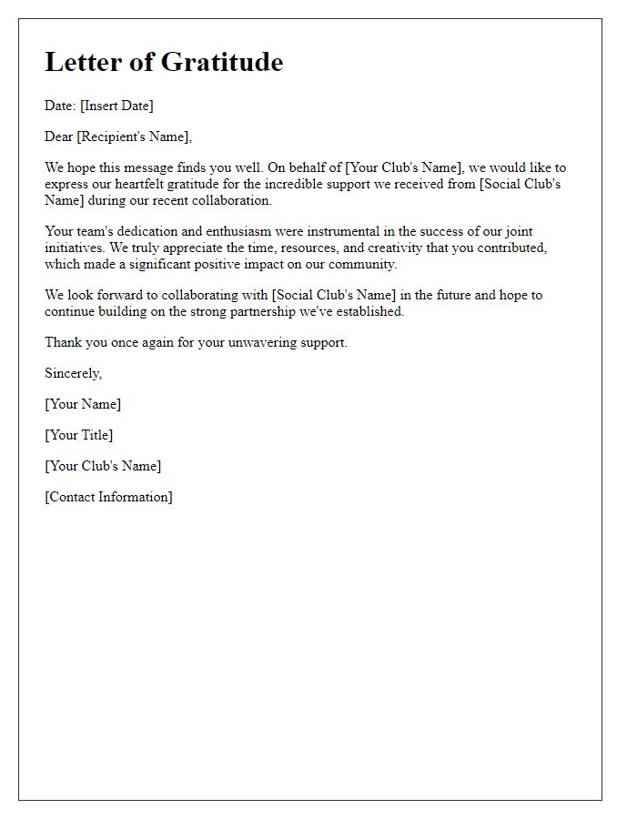 Letter template of Gratitude for Collaborative Support from Social Club