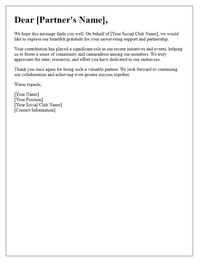 Letter template of Sincere Thanks for Support from Social Club Partners