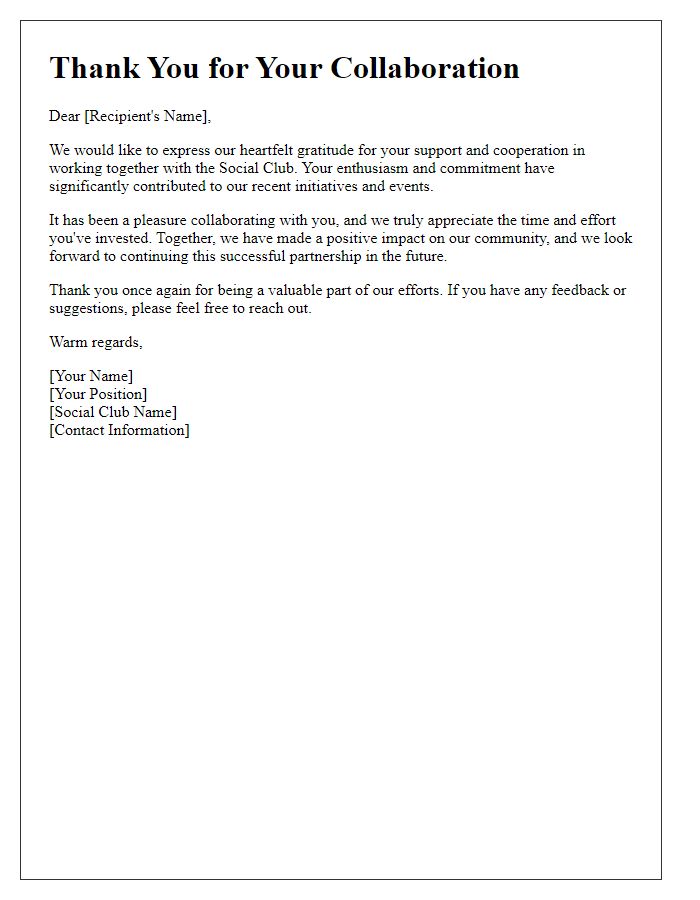 Letter template of Thank You for Working Together with the Social Club