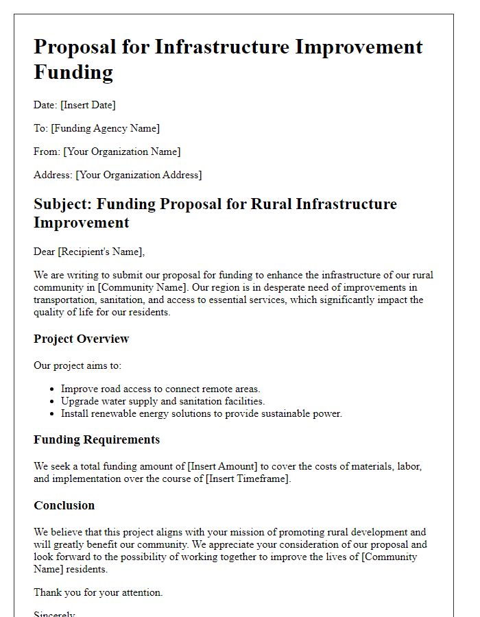 Letter template of rural development funding proposal for infrastructure improvement.