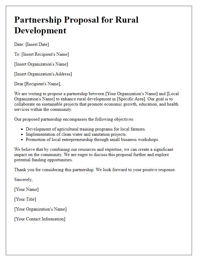 Letter template of rural development partnership proposal with local organizations.