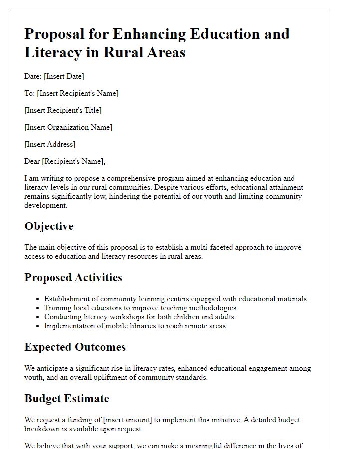 Letter template of rural development proposal addressing education and literacy.