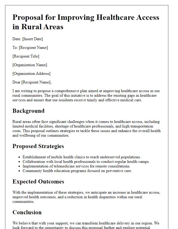 Letter template of rural development proposal for improving healthcare access.