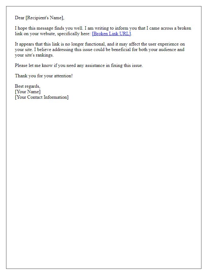 Letter template of broken link notification