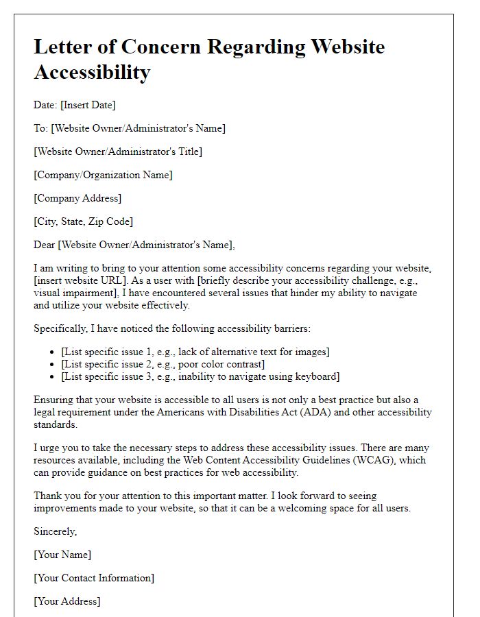 Letter template of website accessibility concern