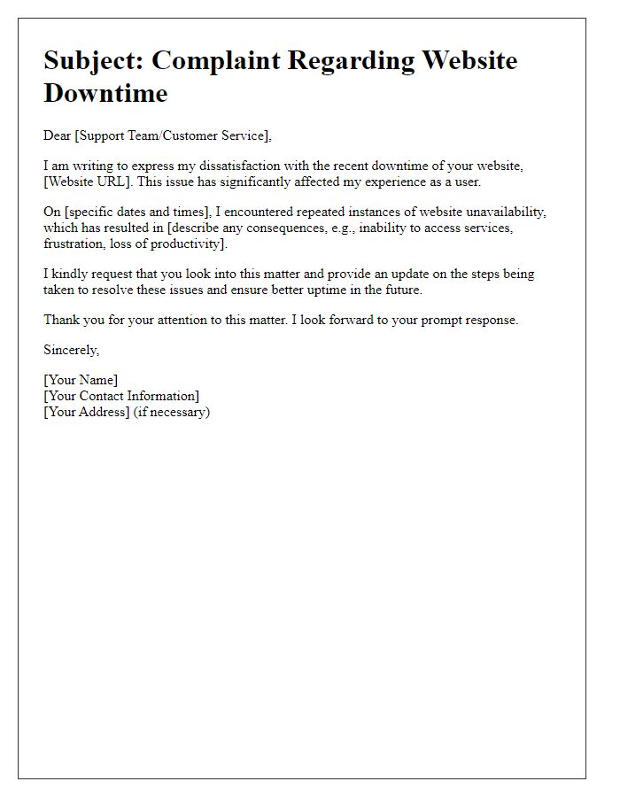 Letter template of website downtime complaint