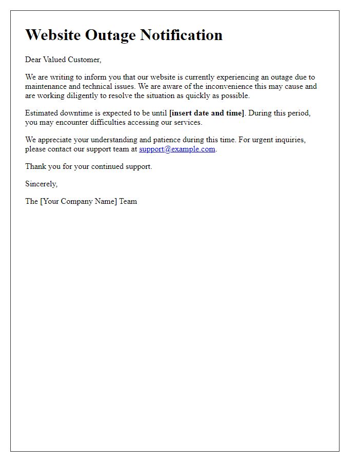 Letter template of website outage notification
