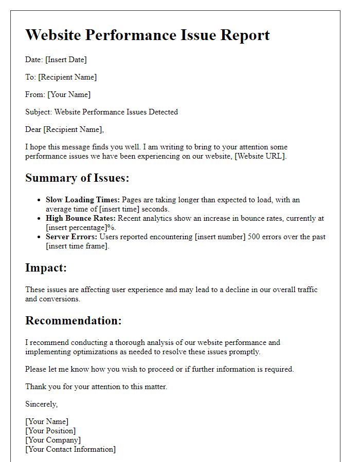 Letter template of website performance issue report