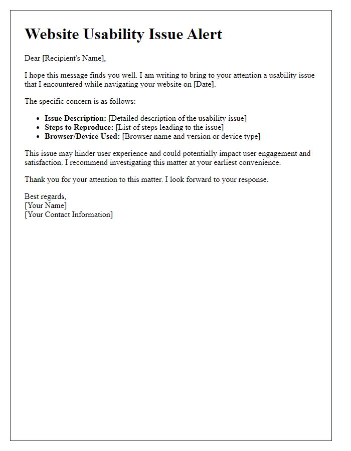 Letter template of website usability issue alert