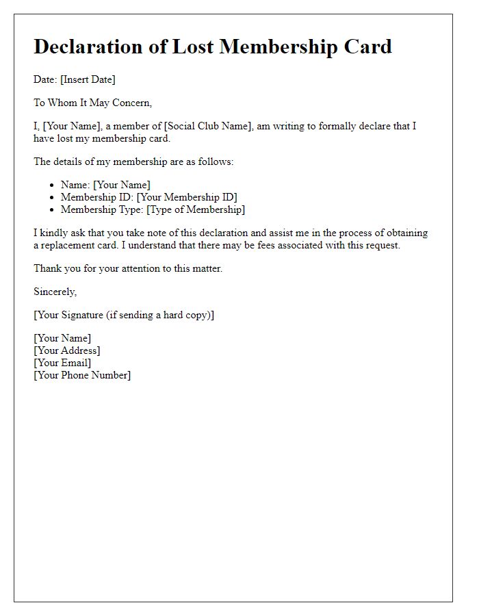 Letter template of declaration of lost membership card for social club members.