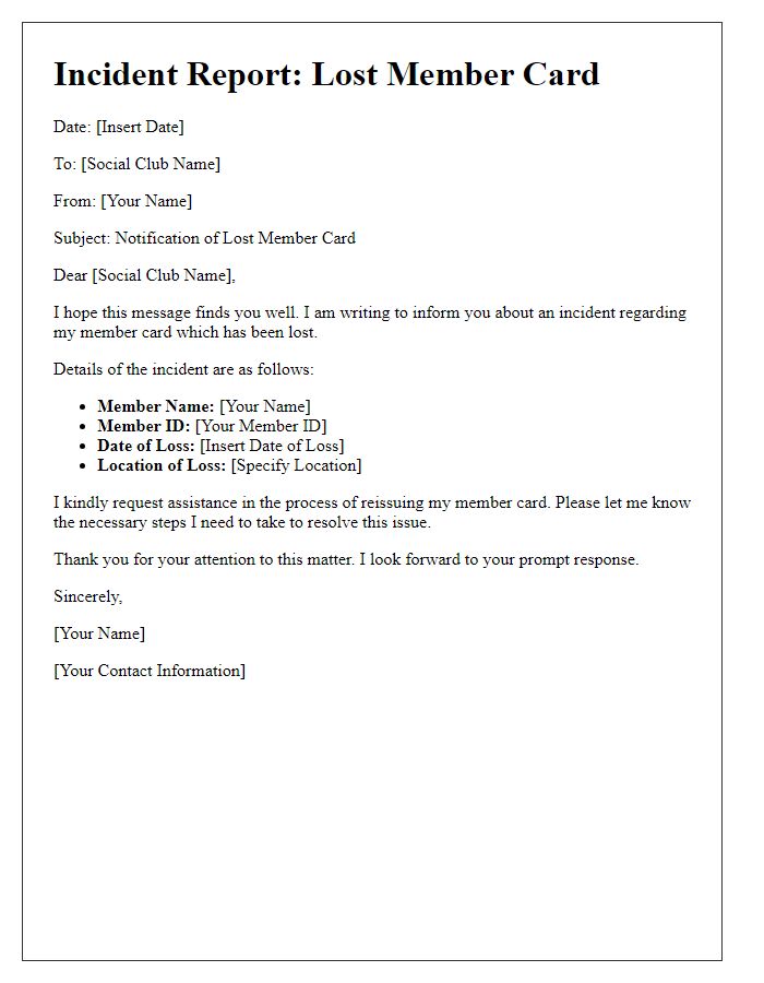 Letter template of informing social club of lost member card incident.