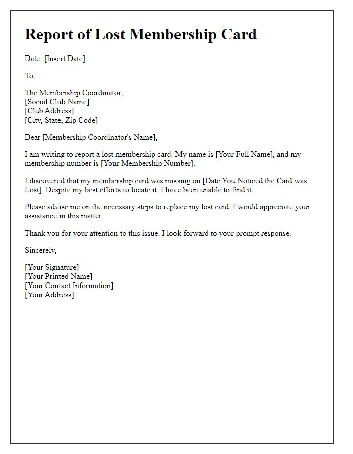 Letter template of reporting lost membership card to the social club.