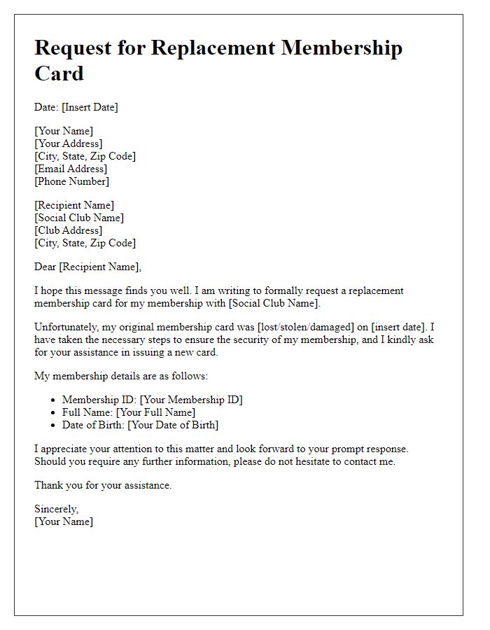 Letter template of request for replacement membership card for social club.