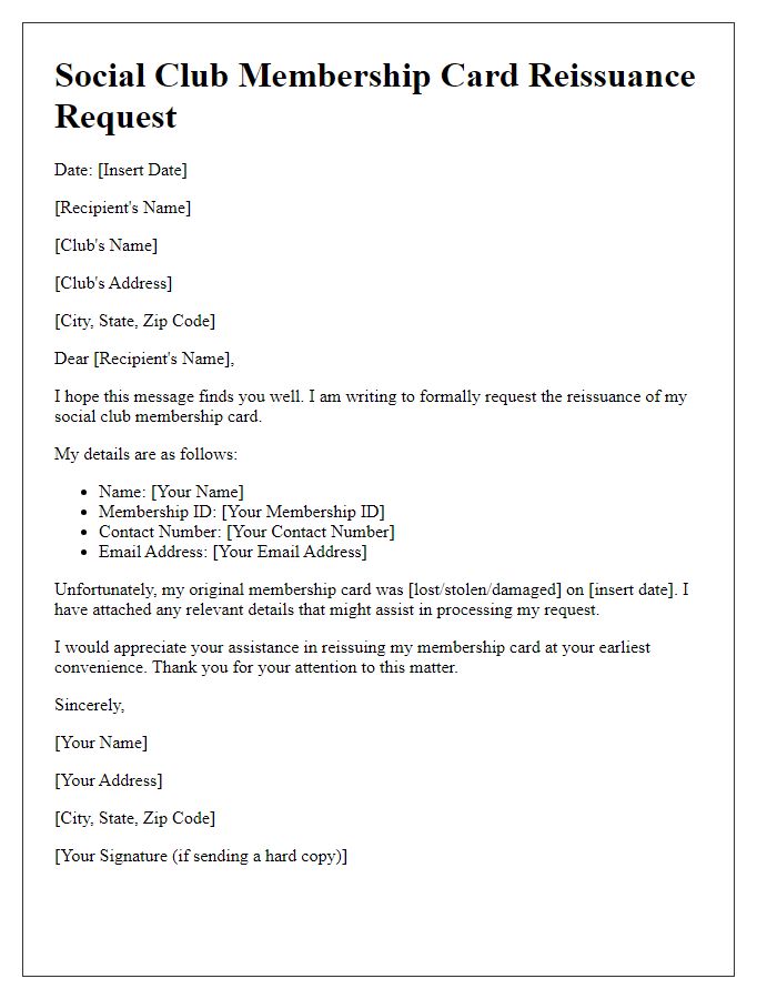 Letter template of social club membership card reissuance request.