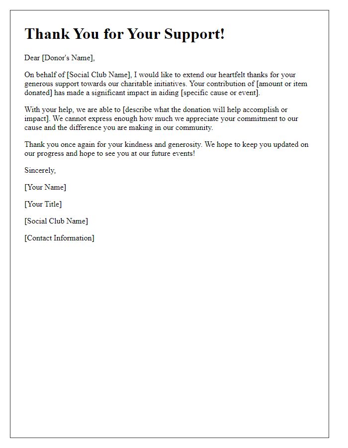 Letter template of social club charitable support thanks