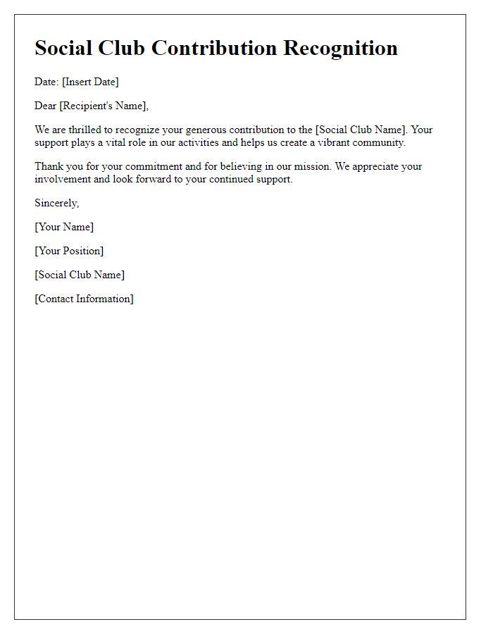 Letter template of social club contribution recognition