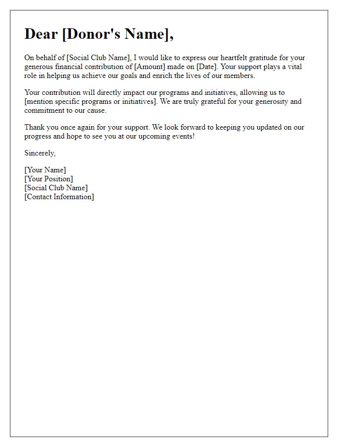 Letter template of social club financial contribution gratitude