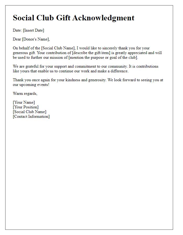 Letter template of social club gift acknowledgment