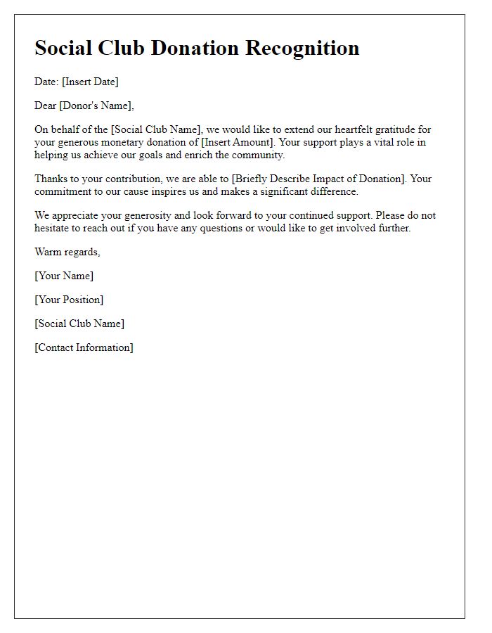 Letter template of social club monetary donation recognition