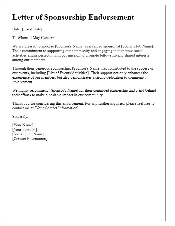 Letter template of social club sponsorship endorsement