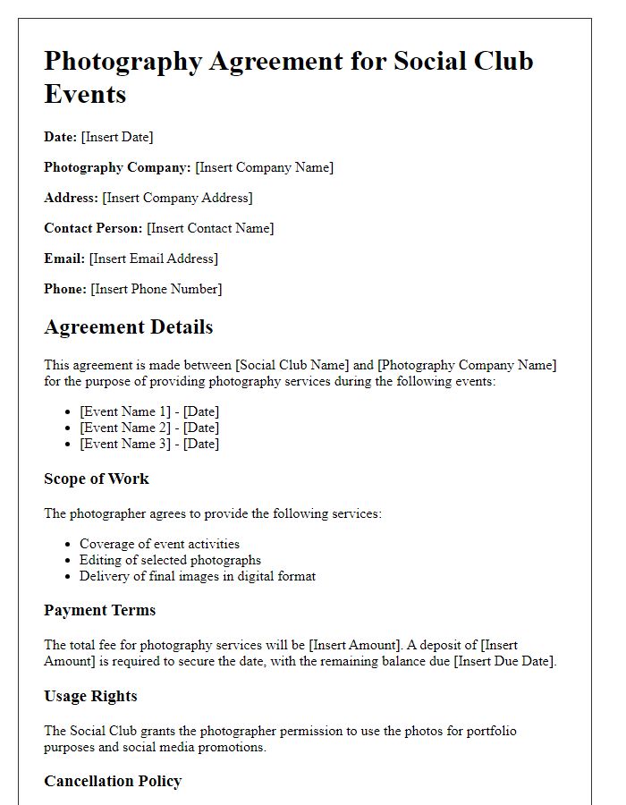 Letter template of agreement for photography during social club events.