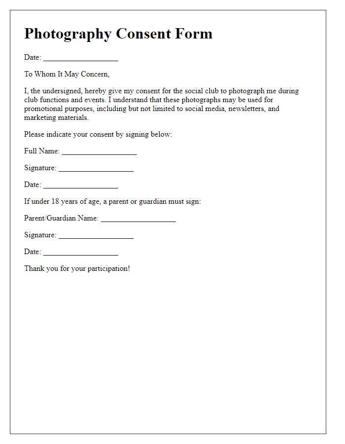 Letter template of consent form for photography at social club functions.