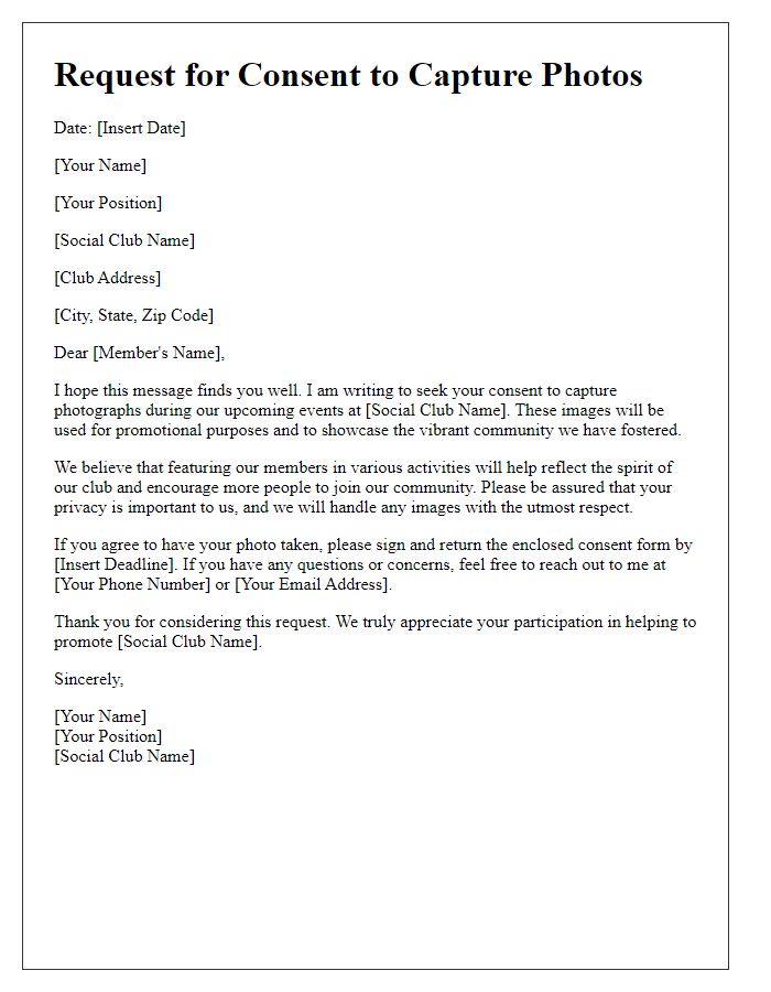 Letter template of request for consent to capture photos at social club.