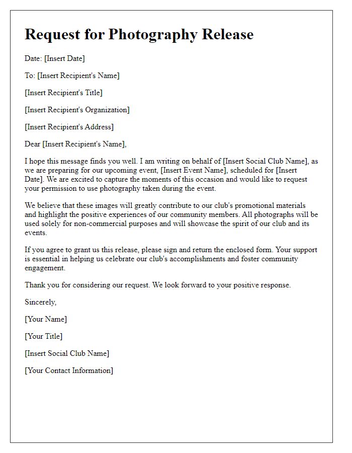 Letter template of request for social club event photography release.