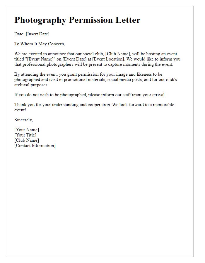 Letter template of social club event photography permission letter.