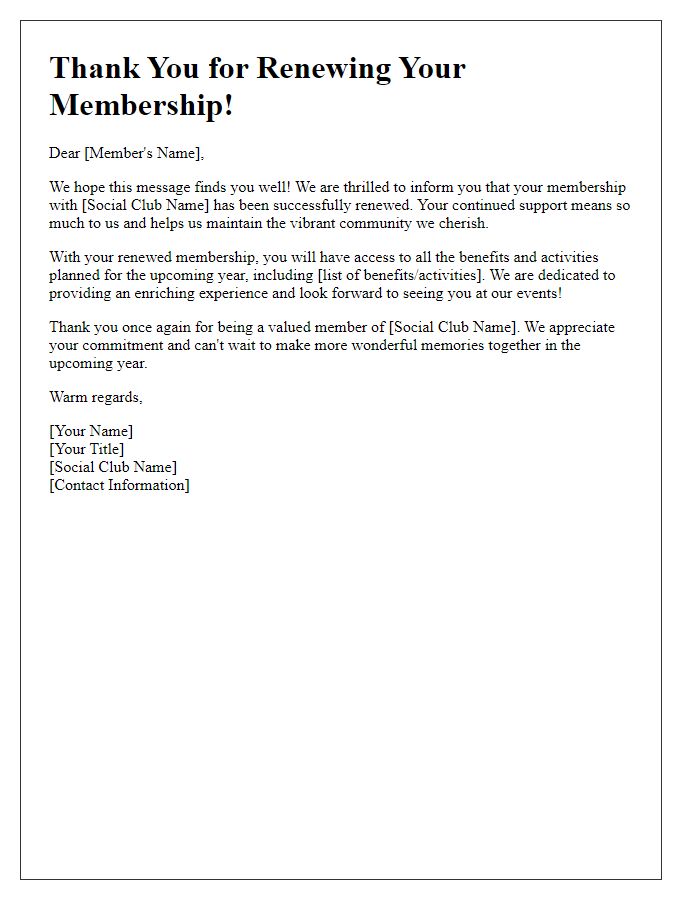 Letter template of Gratitude for Renewing Your Social Club Membership