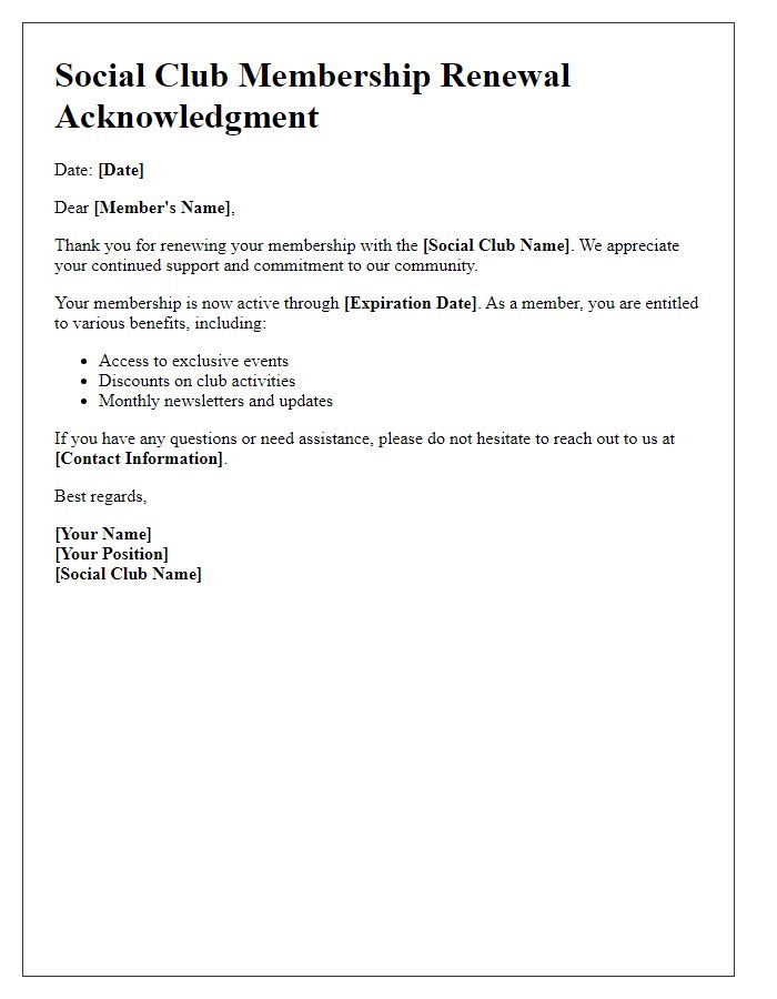 Letter template of Social Club Membership Renewal Acknowledgment