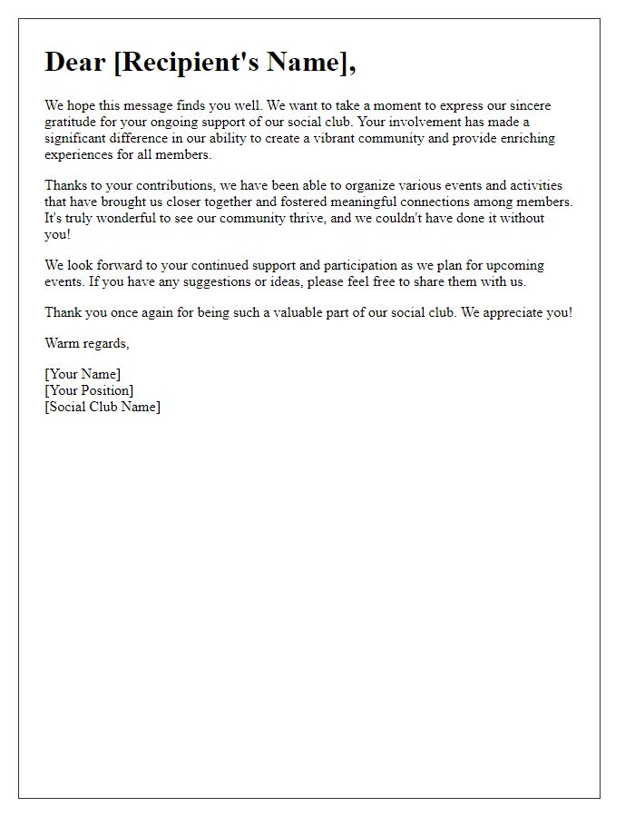 Letter template of Thank You for Your Ongoing Support of our Social Club