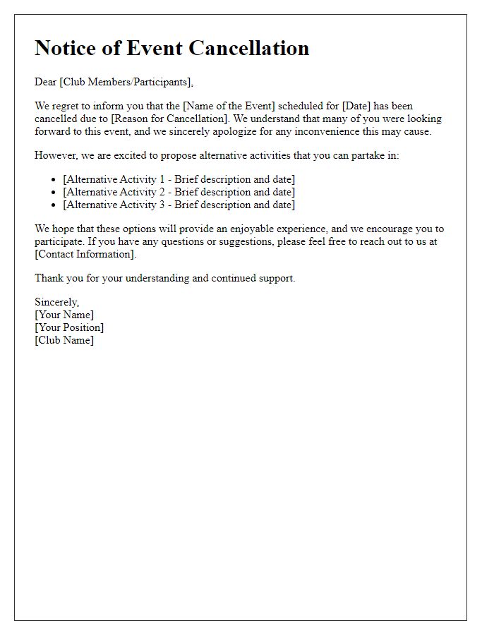 Letter template of social club event cancellation and alternative activities proposal.