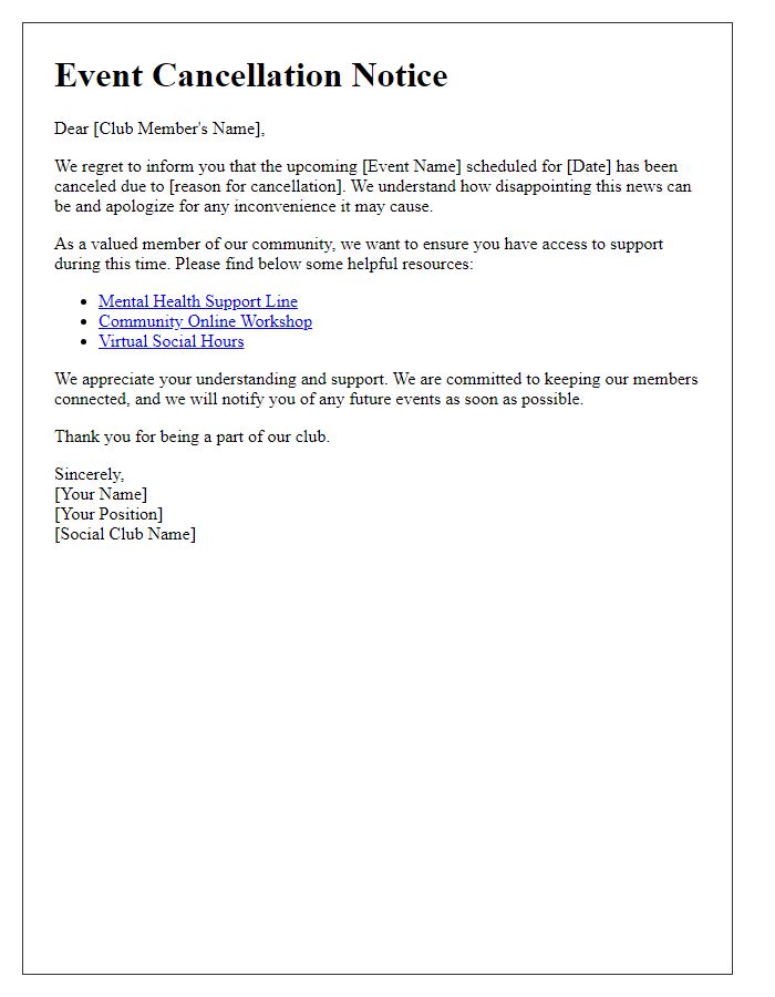 Letter template of social club event cancellation and member support resources.