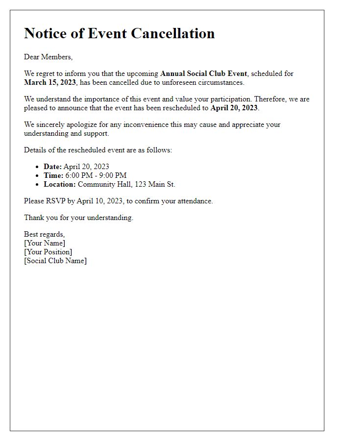 Letter template of social club event cancellation and rescheduling details.