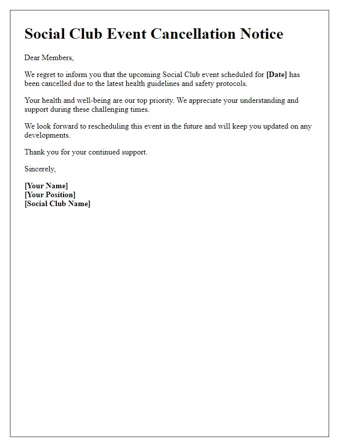 Letter template of social club event cancellation due to health guidelines.