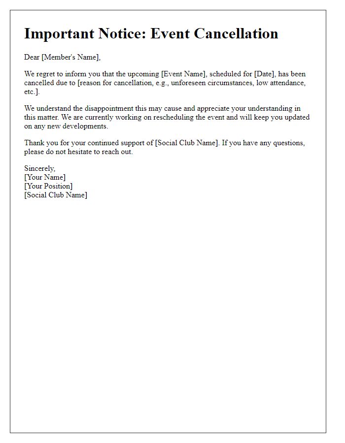 Letter template of social club event cancellation for members notification.