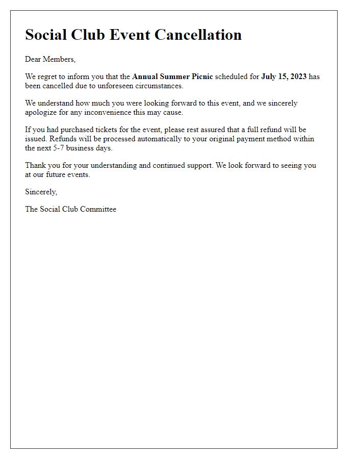 Letter template of social club event cancellation with refund information.