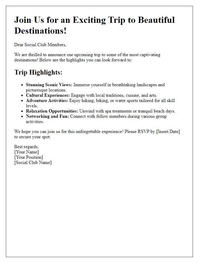 Letter template of destination highlights for social club trip announcement.