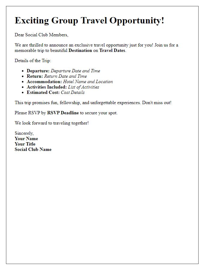 Letter template of group travel offer for social club members.