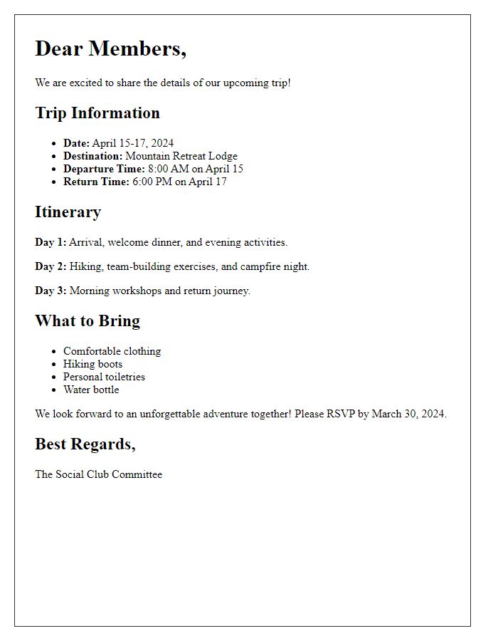 Letter template of social club journey details for upcoming trip.